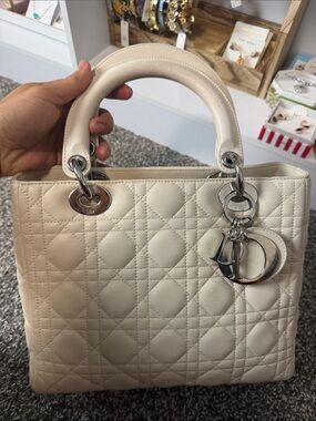 Dior Cream Quilted Top-Handle Satchel with Silver Hardware